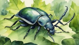 Glossy blue beetle on vibrant green leaves, watercolor illustration.