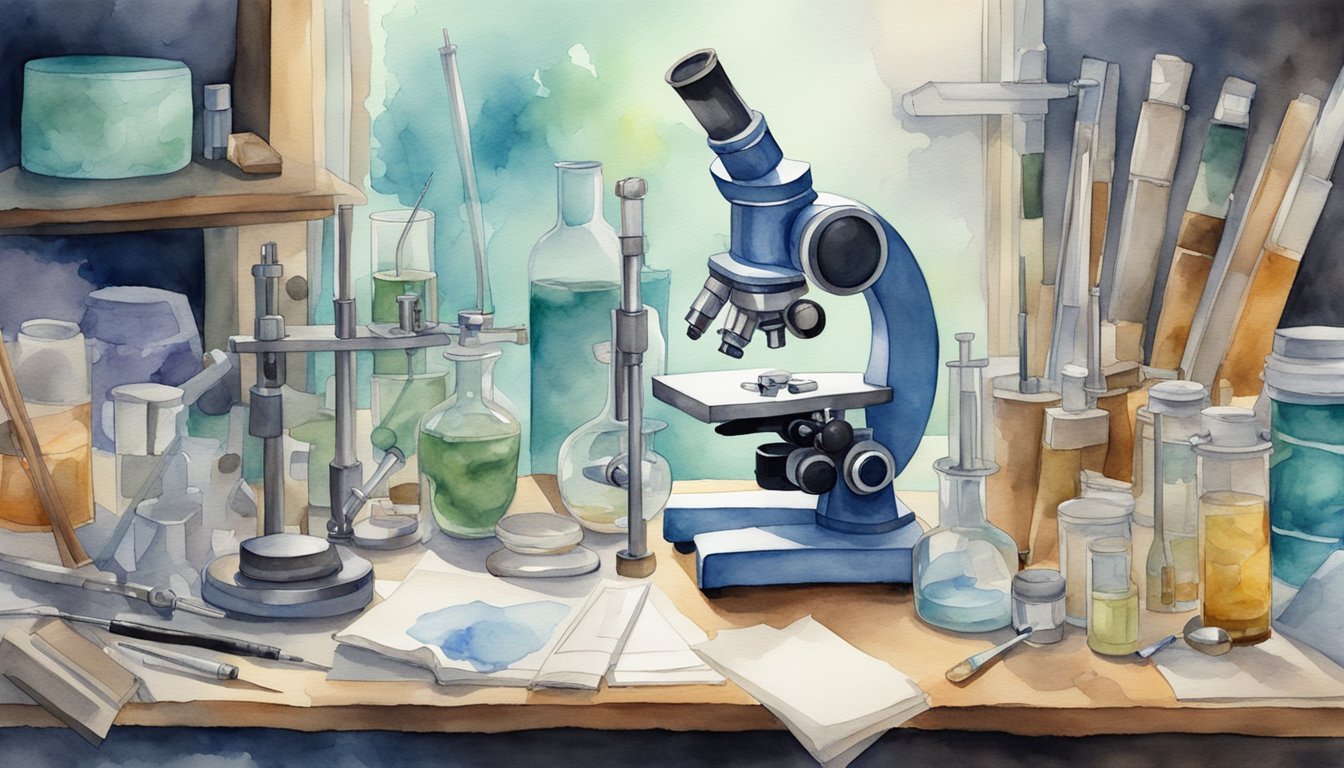 Watercolor illustration of a detailed science laboratory setup