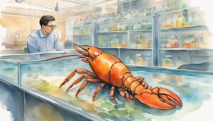 Man studying large lobster in scientific laboratory setting.