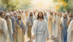 Jesus amidst a crowd of followers, serene expression, outdoor setting.