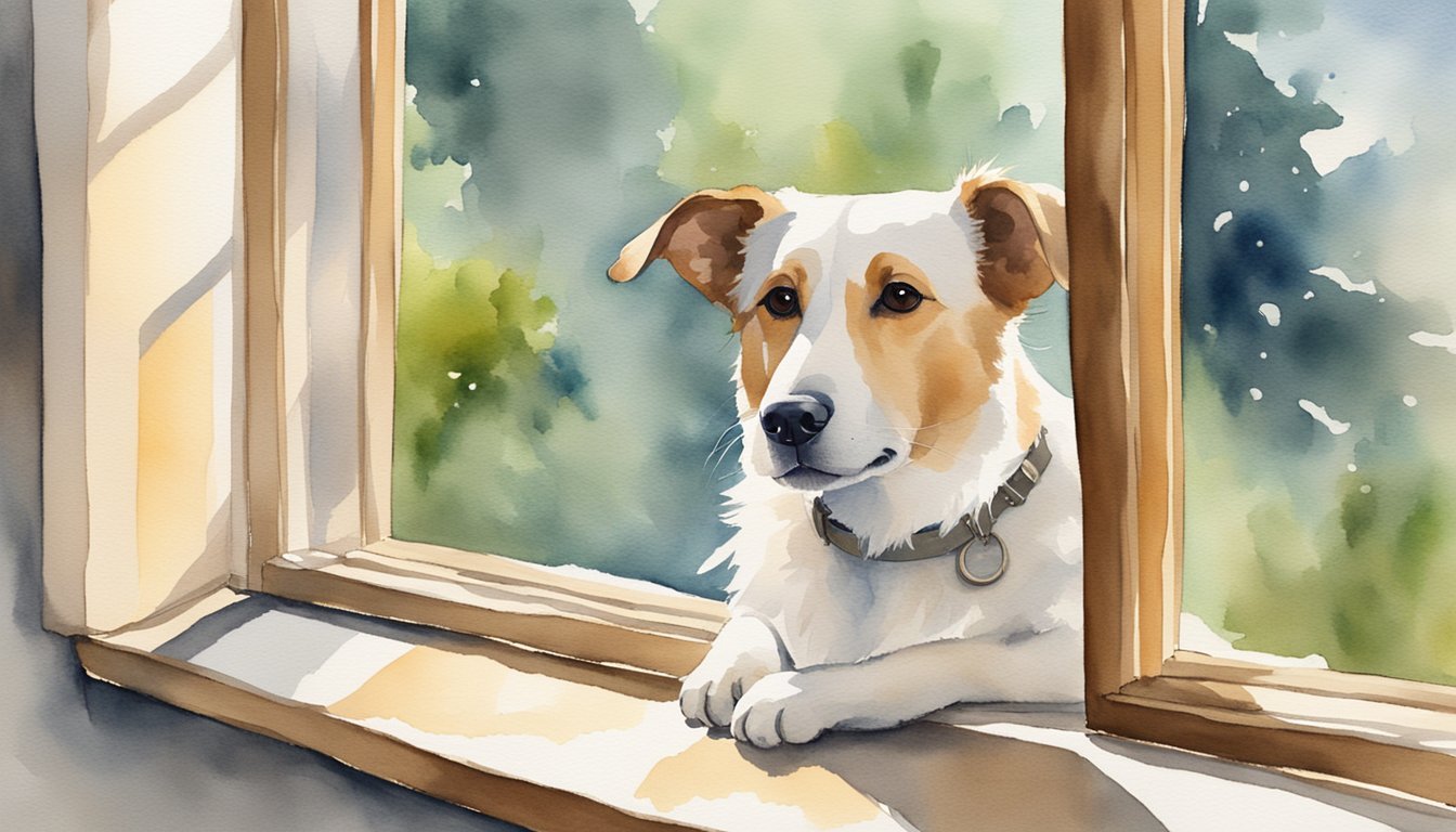 Watercolor of dog by sunny window.