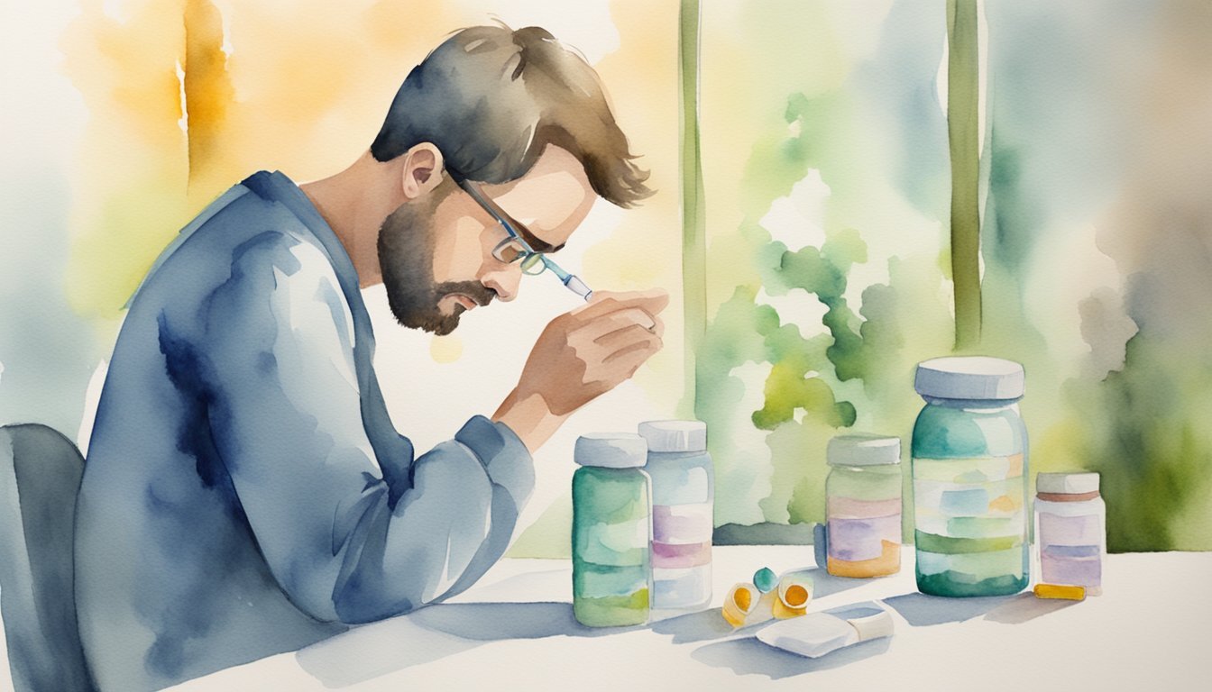 Man analyzing samples in lab, watercolor style.