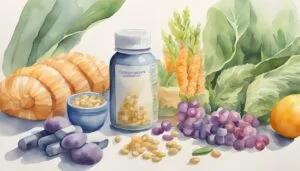 Watercolor illustration of healthy foods and supplements