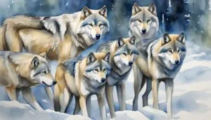 Pack of wolves in snowy landscape, watercolor painting.