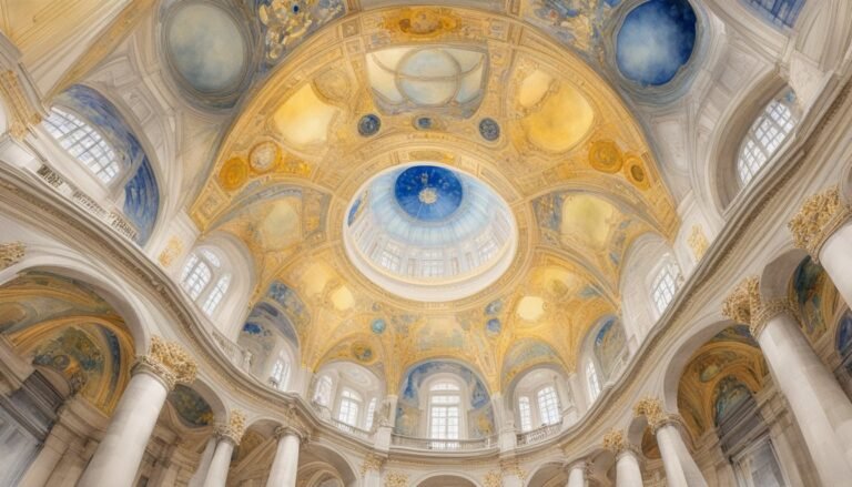 Ornate baroque-style cathedral ceiling with frescoes and dome.