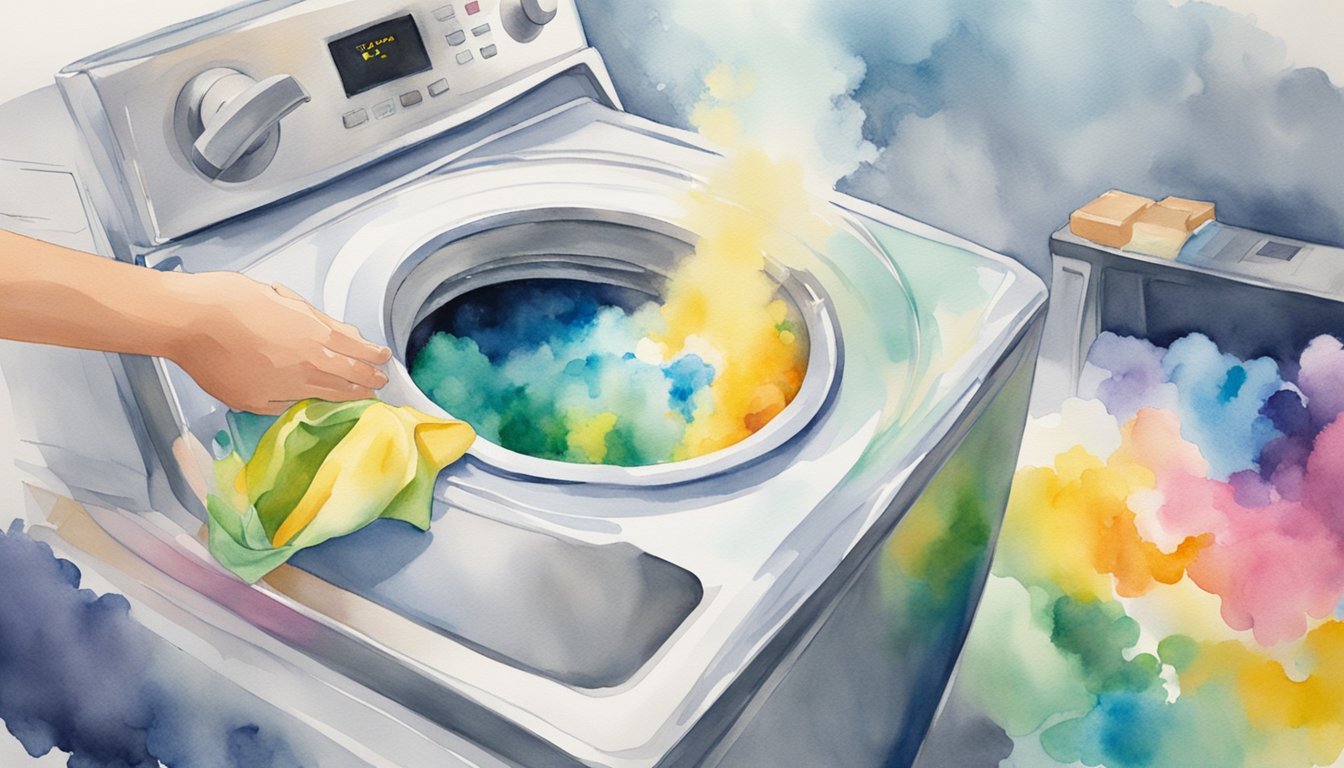 Colorful clouds emerging from washing machine in watercolor style.