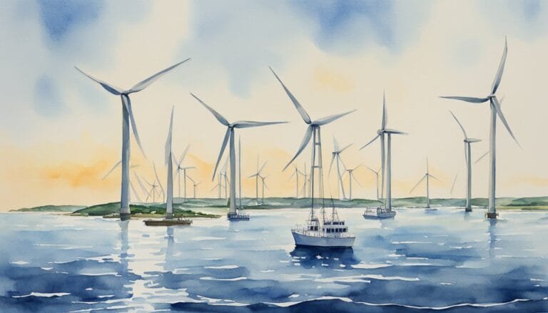 Wind turbines and boats on serene coastal waters.