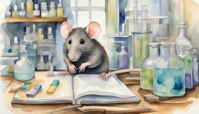 Mouse reading book in science laboratory setting.