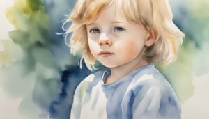 Young child in watercolor portrait, thoughtful gaze.