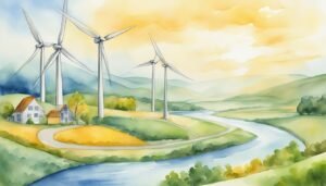 Watercolor landscape with wind turbines and river.