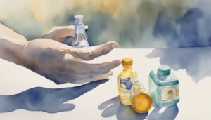 Hands presenting watercolor painted cosmetic bottles.