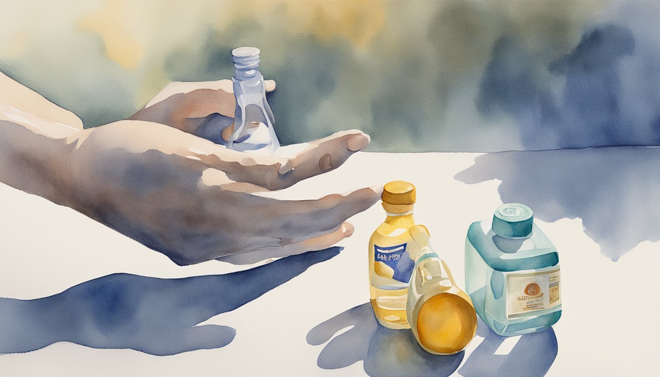 Hands presenting watercolor painted cosmetic bottles.