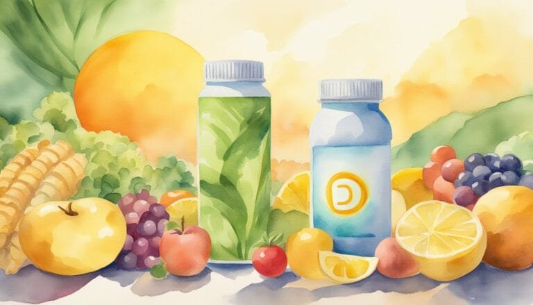 Colorful watercolor of fruits and juice bottles.