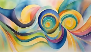 Colorful abstract watercolor painting with swirling patterns.