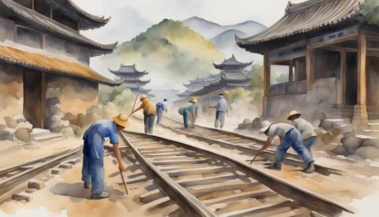 Workers constructing railway near traditional Asian temples.