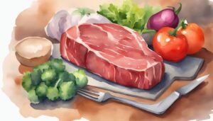 Watercolor painting of steak and vegetables on a plate.