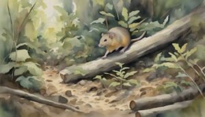 Watercolor of mouse on log in forest setting.