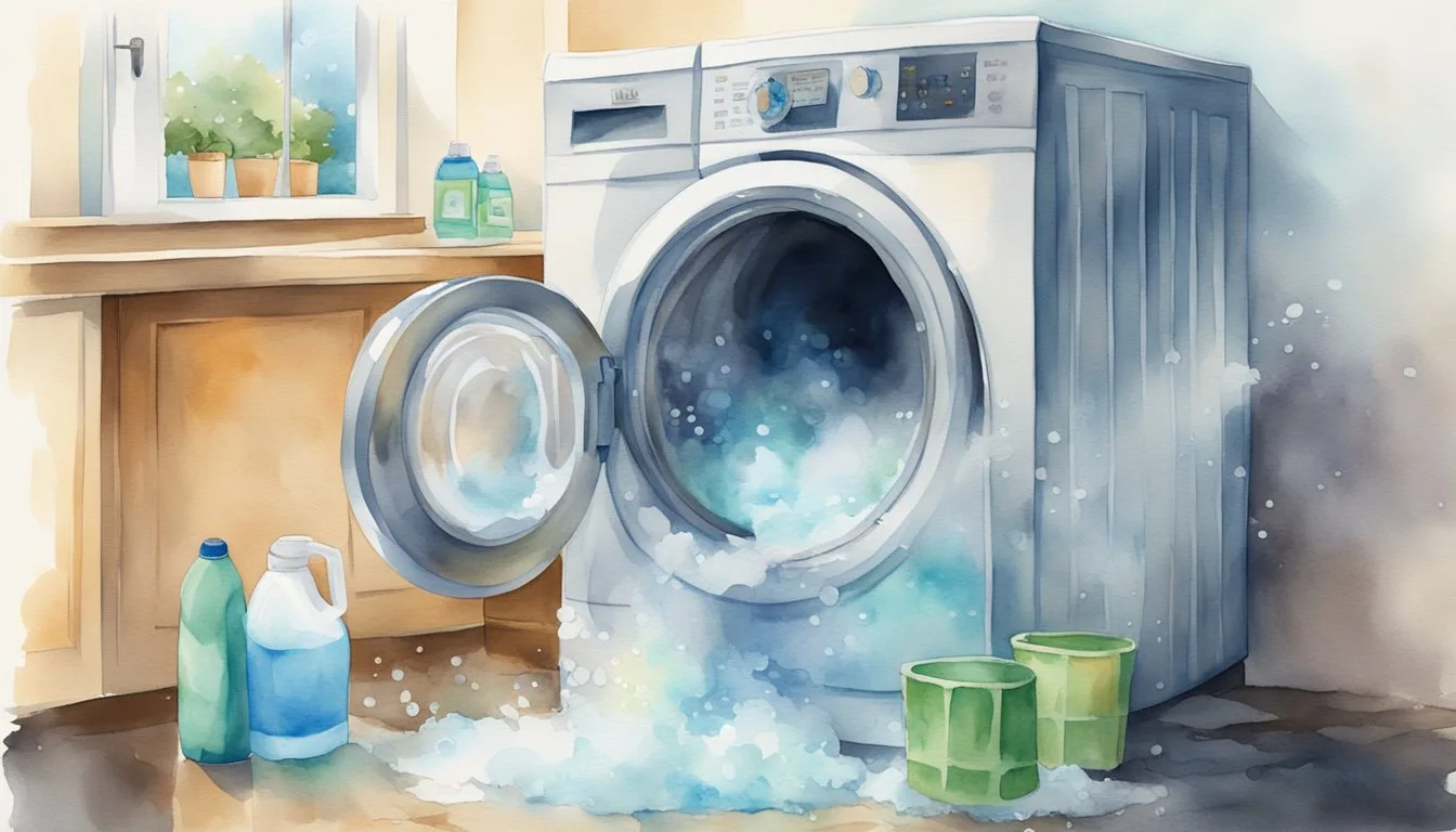 Watercolor illustration of overflowing washing machine in laundry room.