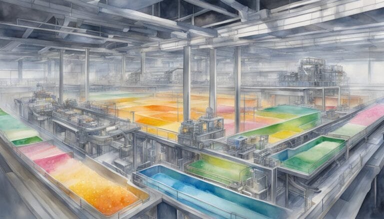 Industrial watercolor illustration of colorful dye factory.