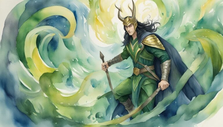 Fantasy warrior with spear in swirling watercolor style.