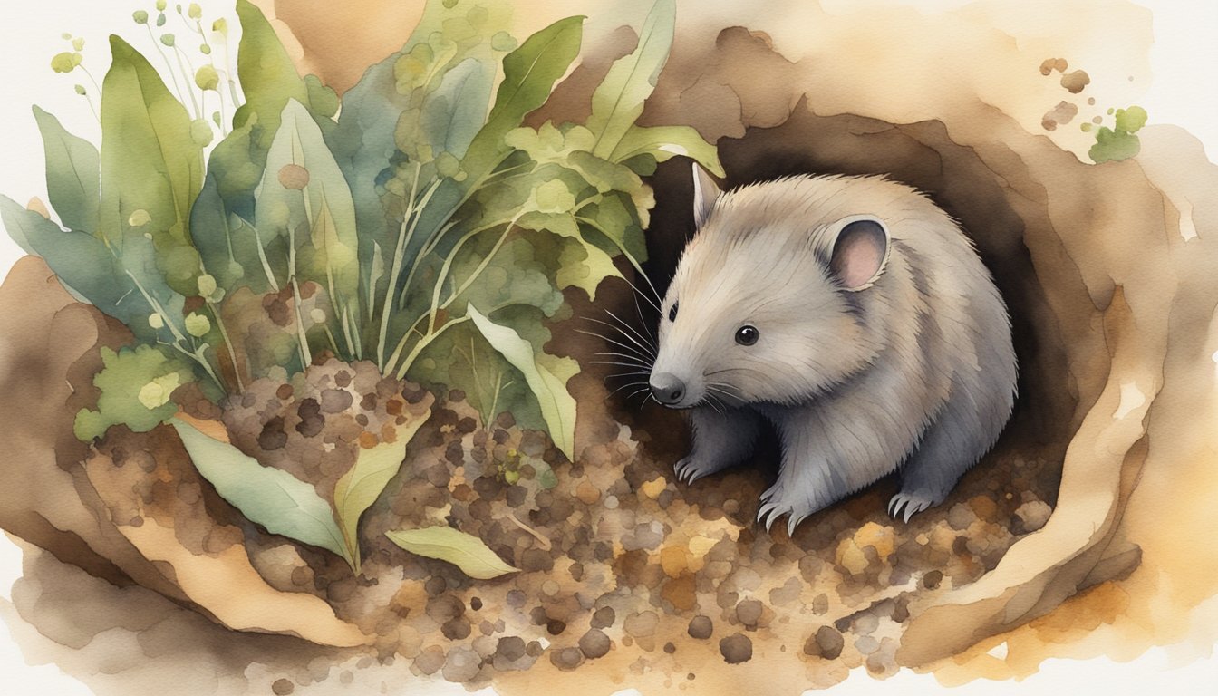 Watercolor of possum peeking from burrow in lush foliage.