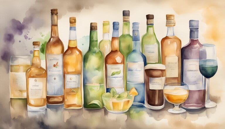 Watercolor painting of assorted beverage bottles and glasses.