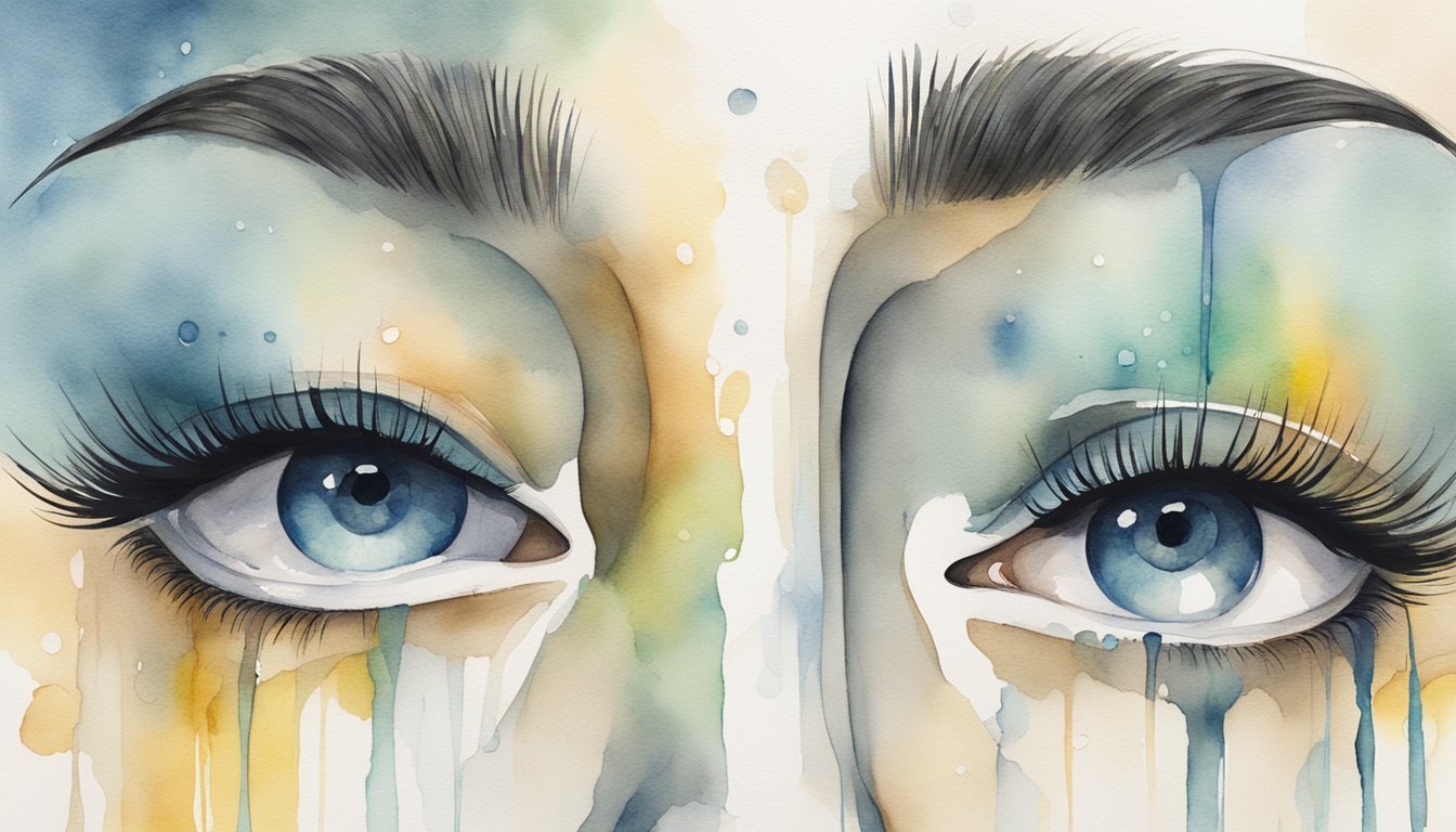 Watercolor painting of expressive blue eyes with teardrops.