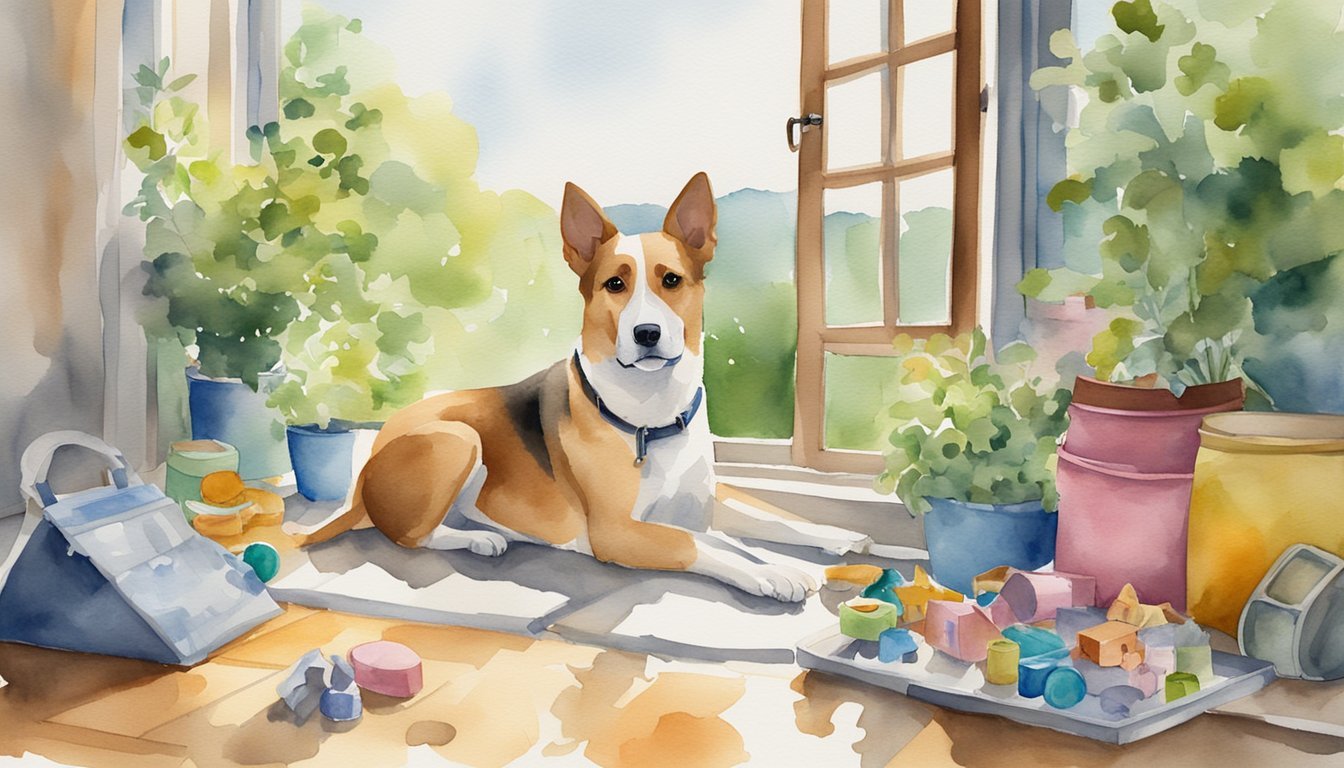 Watercolor painting of dog near open window and art supplies.