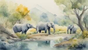 Watercolor painting of elephants in a serene landscape.