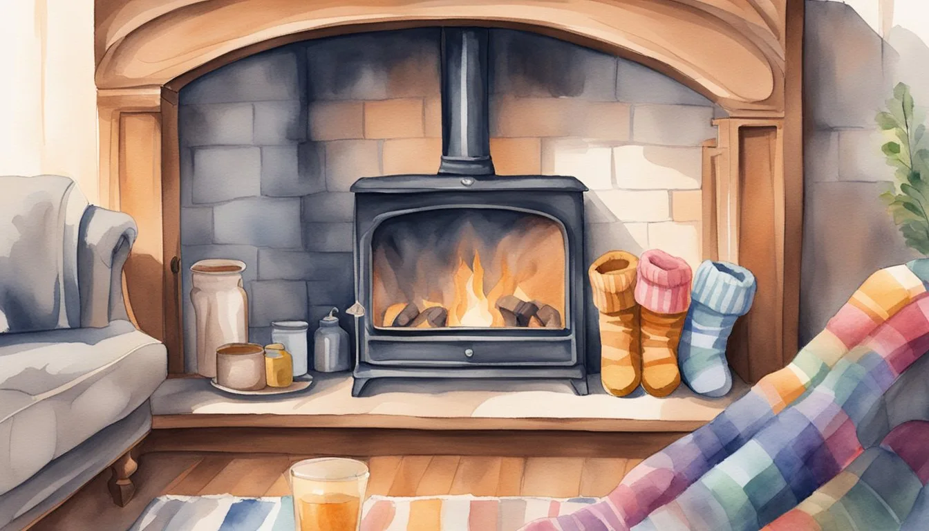 Watercolor of cozy fireplace with colorful socks drying.
