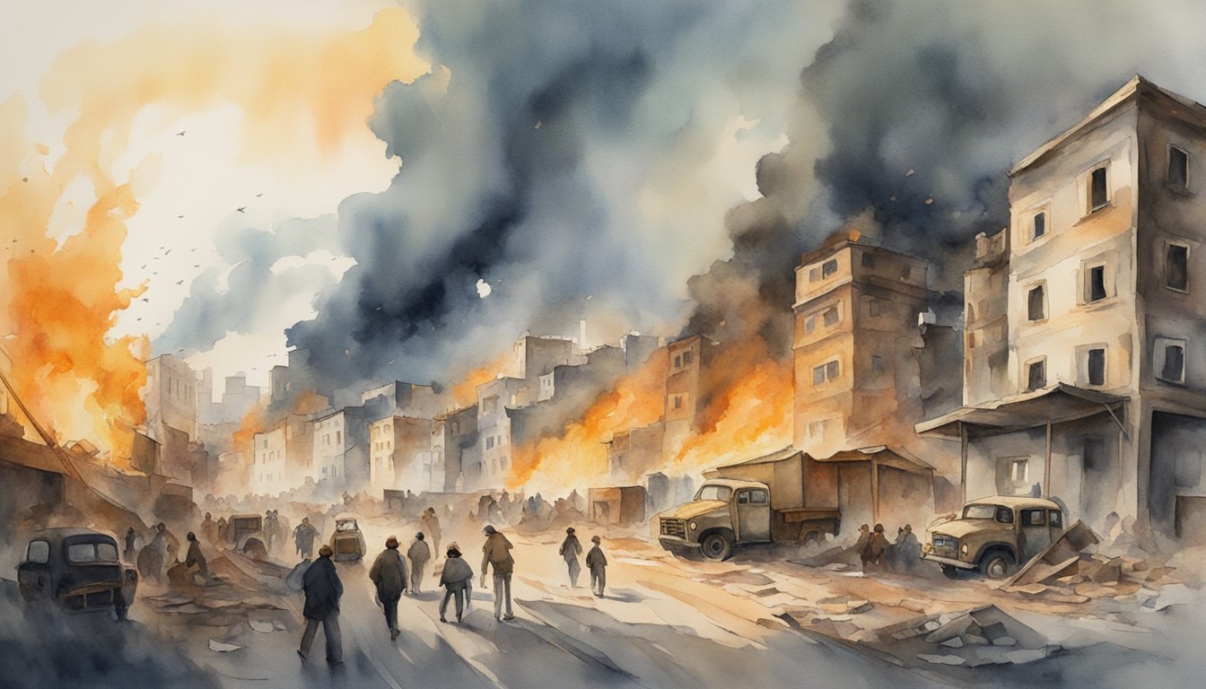 Watercolor painting of a fiery urban scene with evacuees.