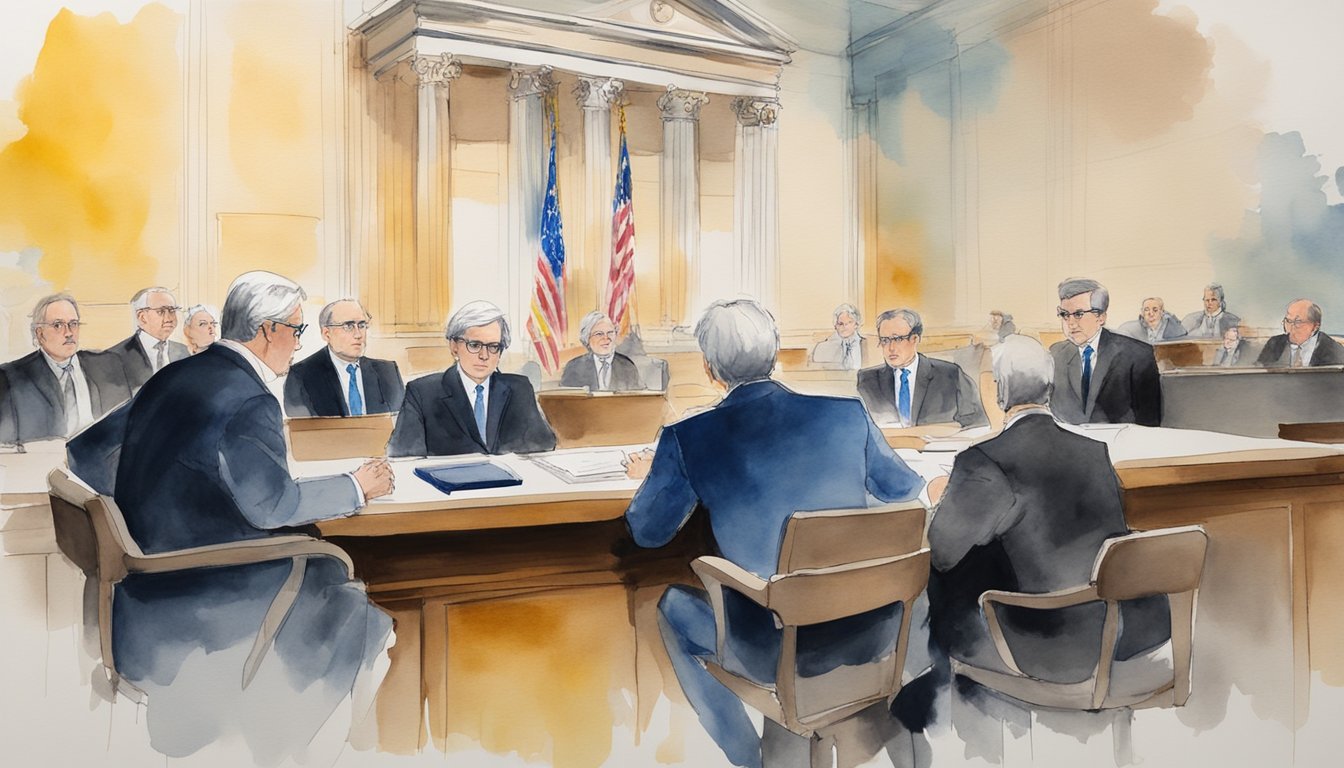 Watercolor illustration of a courtroom scene with judges and lawyers.