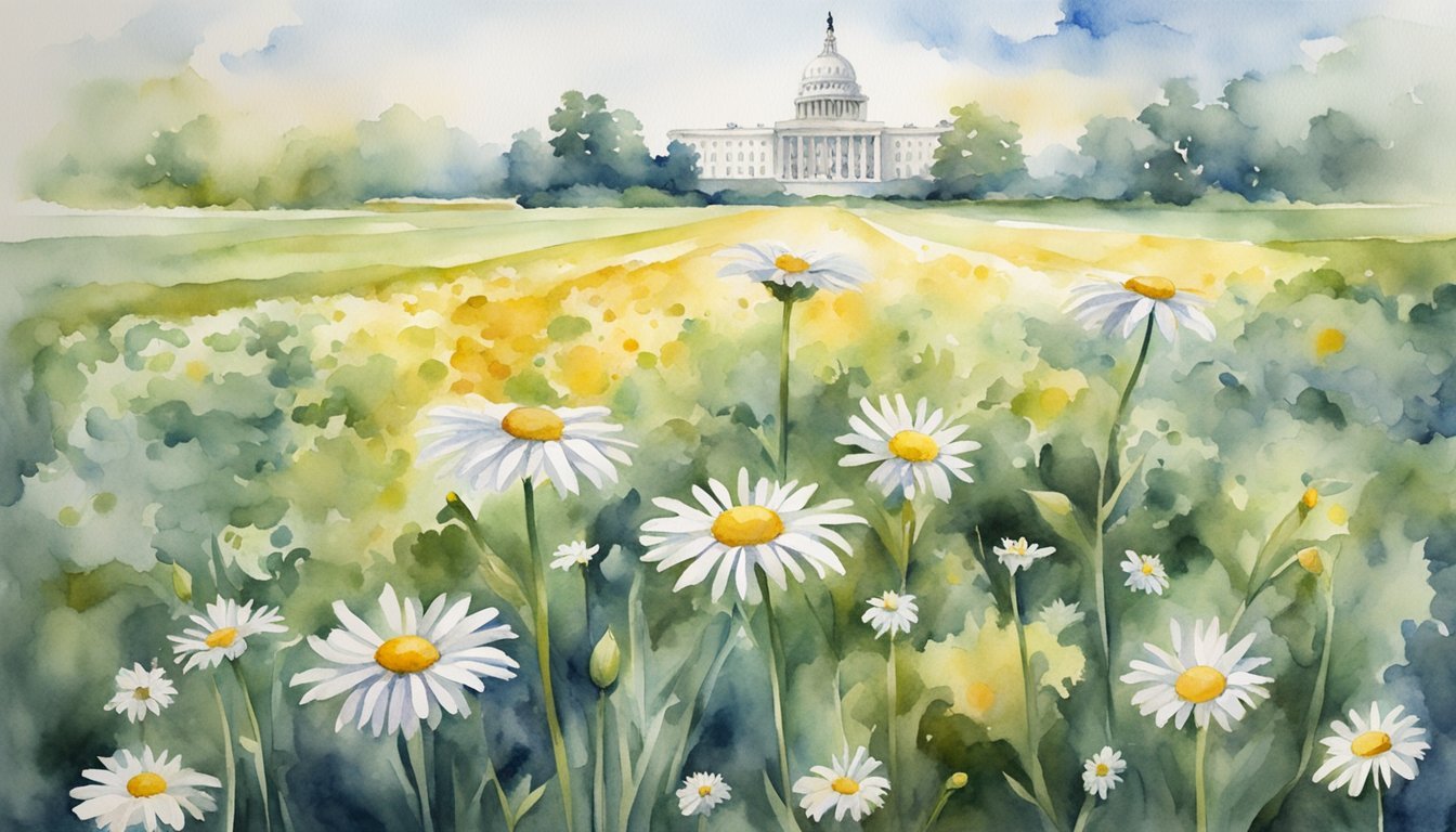 Watercolor of daisies with distant Capitol building.