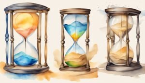 Three watercolor hourglasses with varied landscapes inside.