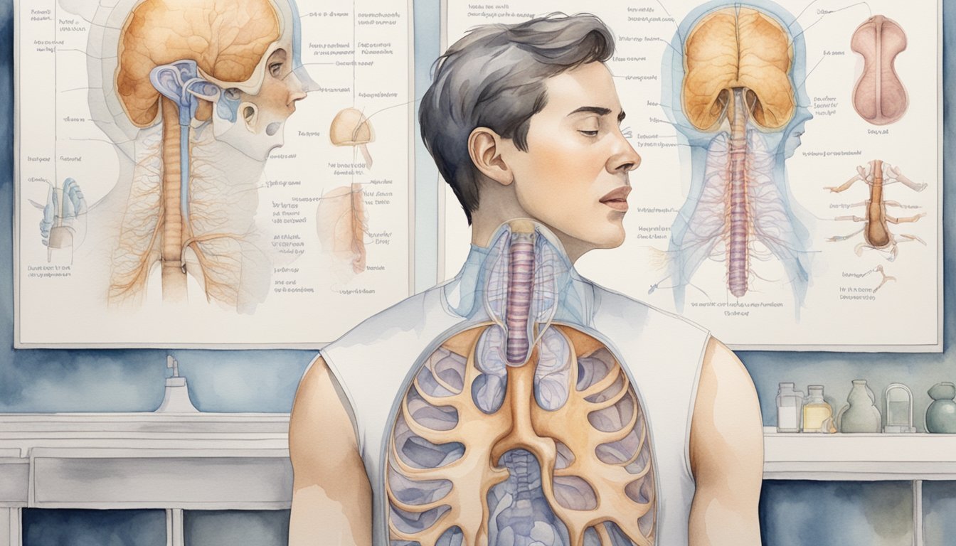 Medical illustration showing human anatomy with respiratory focus.