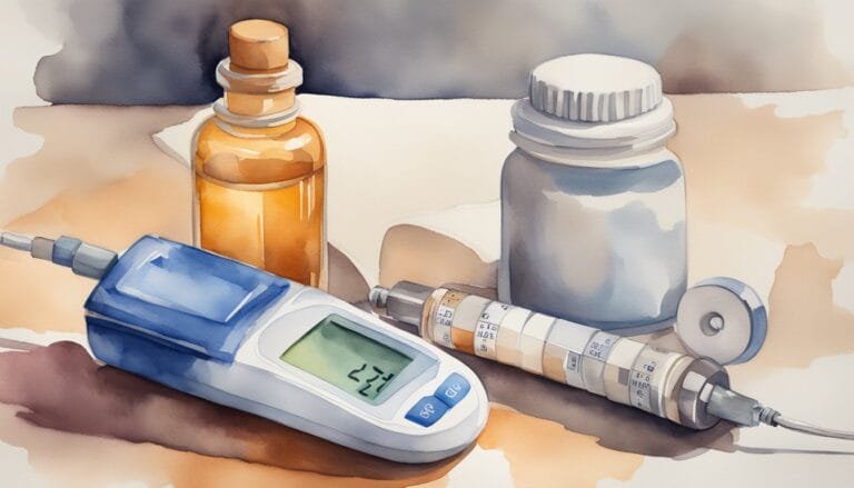 Watercolor of diabetes management supplies, including glucometer and insulin.