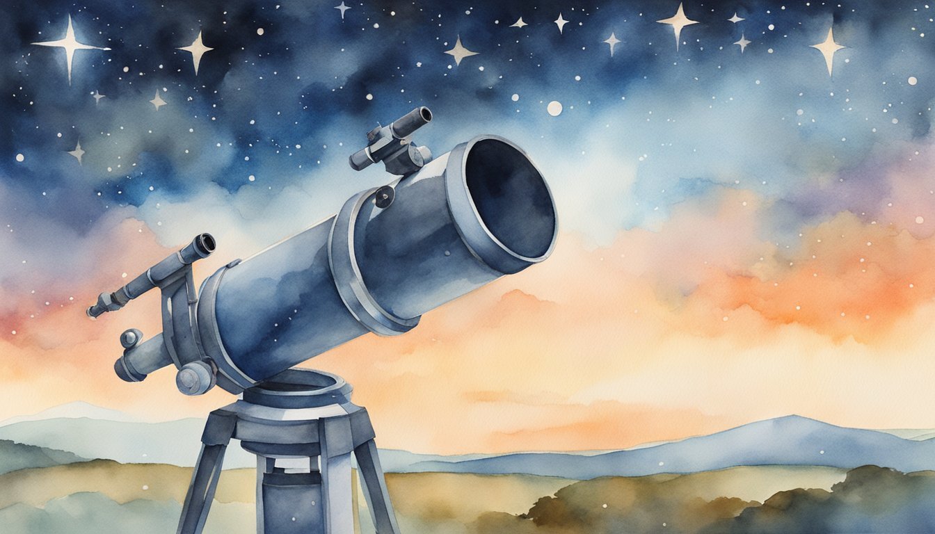 Watercolor painting of telescope under starry night sky.