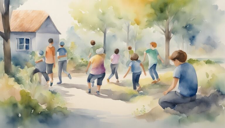 Watercolor painting of people walking near a house.