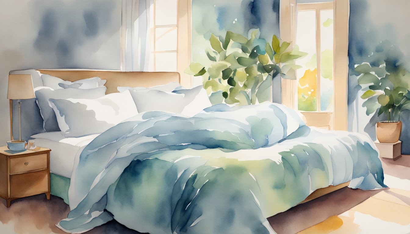 Watercolor illustration of a sunny, cozy bedroom with plants.