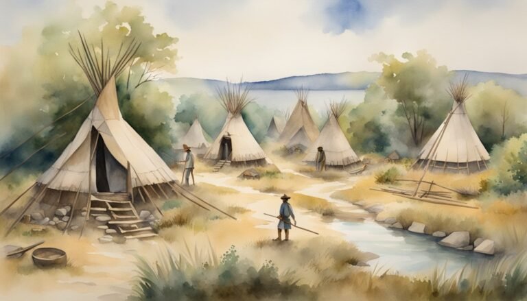 Watercolor painting of indigenous village with teepees and river.