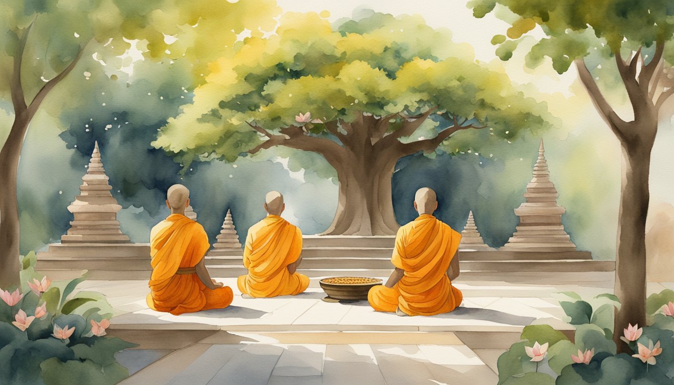 Monks meditating under tree, tranquil temple garden scene.