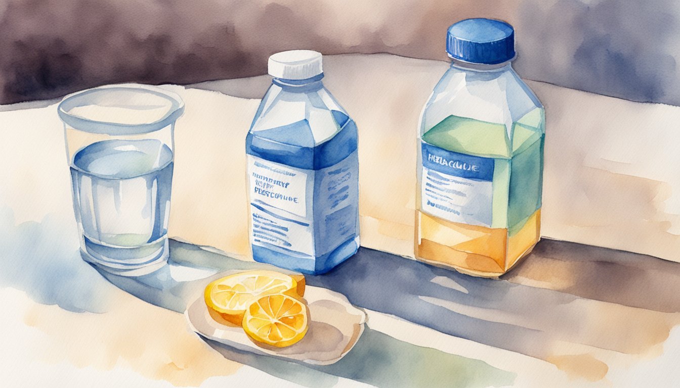 Watercolor painting of medicine bottles, glass of water, lemon slices.