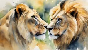 Two lions depicted in vibrant watercolor style.