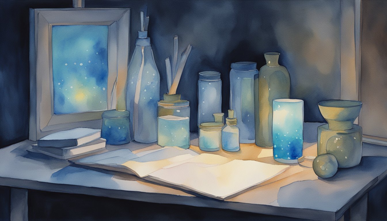 Watercolor painting of various blue glass bottles and books.