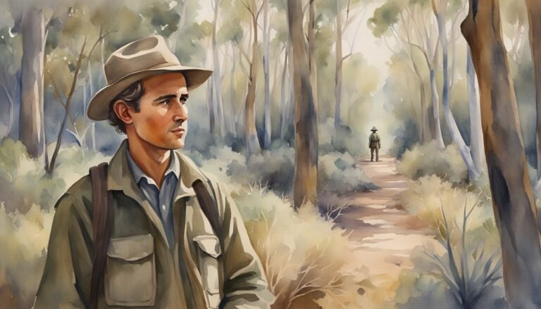 Man in hat exploring misty forest, watercolor painting.