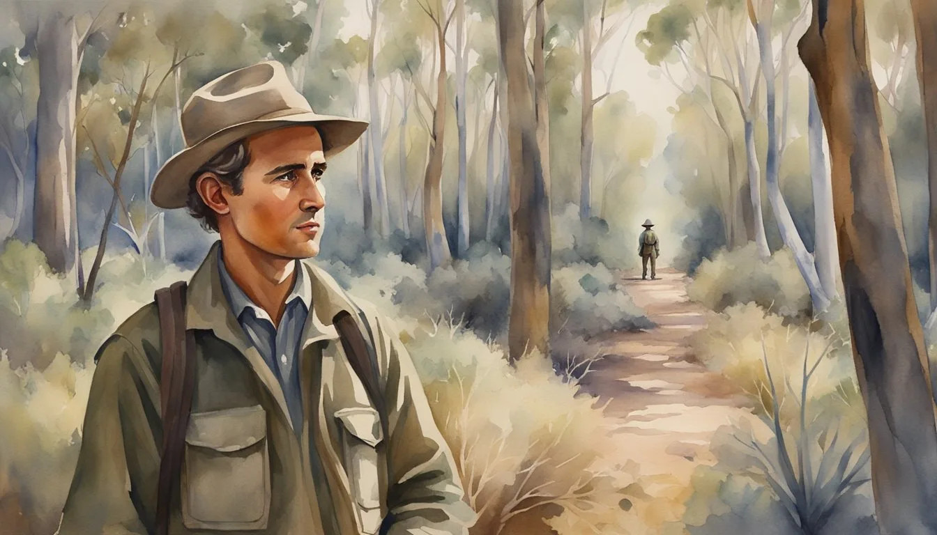 Man in hat exploring misty forest, watercolor painting.