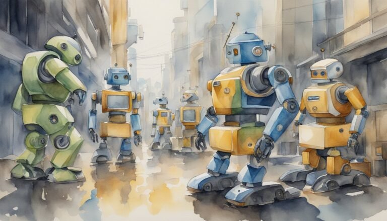 Colorful robots gathered in a futuristic urban setting.