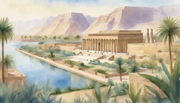 Watercolor illustration of ancient Egyptian temple by river.