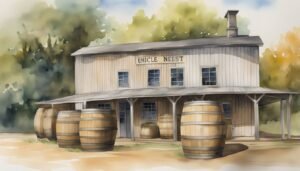 Watercolor painting of a rustic distillery with barrels outside.