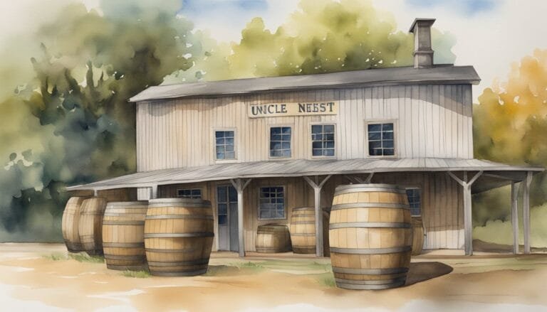 Watercolor painting of a rustic distillery with barrels outside.